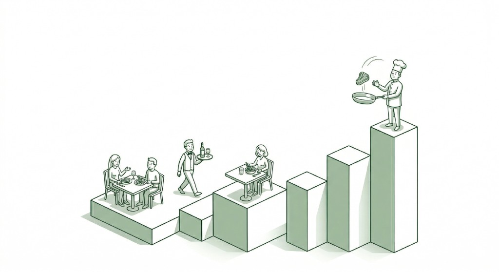 Illustration of restaurant scenes ascending a bar chart with a chef at the top